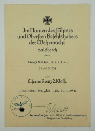 Eisernes Kreuz, 1939, 2. Klasse Urkunde für einen Obergefreiten der 11./ Infanterie-Regiment 239 - Ernst Dehner. - Foto 1