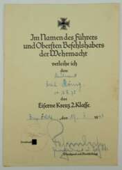 Eisernes Kreuz, 1939, 2. Klasse Urkunde für einen Leutnant der 10./ I.R. 75 - Wilhelm Fahrmbacher.