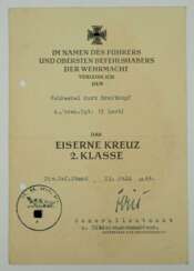 Eisernes Kreuz, 1939, 2. Klasse Urkunde für einen Feldweel der 4./ Gren.Rgt. 15 (mot.) - Walter Fries.