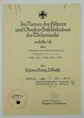 Eisernes Kreuz, 1939, 2. Klasse Urkunde für einen Feuerwerker-Unteroffizier des Stab Res. Flak Abt. 606 - Franz Gall.