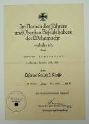 Eisernes Kreuz, 1939, 2. Klasse Urkunde für einen Gefreiten der 2./ Korps-Nachr. Abt. 454 - Eric Hansen.