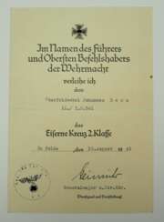 Eisernes Kreuz, 1939, 2. Klasse Urkunde für einen Oberfeldwebel der 11./ I.R. 501 - Conrad-Oskar Heinrichs.