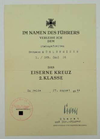Eisernes Kreuz, 1939, 2. Klasse Urkunde für einen Stabsgefreiten der 1./ DFB. (AA) 26 - Heinz Kokott. - photo 1