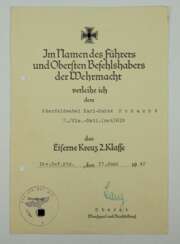Eisernes Kreuz, 1939, 2. Klasse Urkunde für einen Oberfeldwebel der 2./ Fla.-Batl. (mot.) 618 - Friedrich Lang.