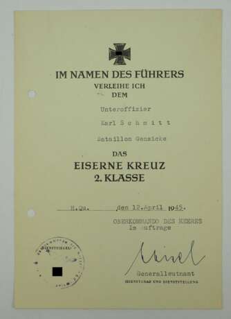 Eisernes Kreuz, 1939, 2. Klasse Urkunde für einen Unteroffizier des Bataillon Gensicke - Ernst Maisel. - photo 1