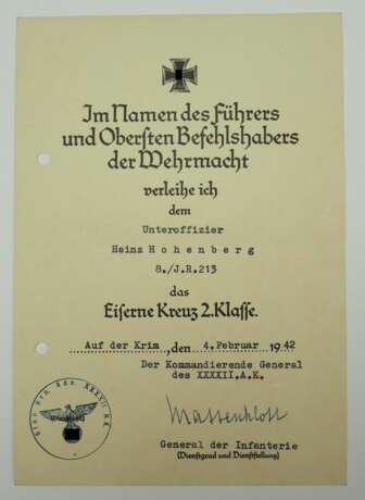 Eisernes Kreuz, 1939, 2. Klasse Urkunde für einen Unteroffizier der 8./ I.R. 213 - Franz Mattenklott. - photo 1