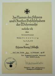 Eisernes Kreuz, 1939, 2. Klasse Urkunde für einen Unteroffizier der 8./ I.R. 213 - Franz Mattenklott.