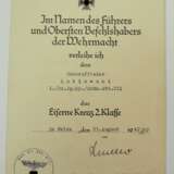 Eisernes Kreuz, 1939, 2. Klasse Urkunde für einen Unteroffizier der 1./ Pz.Jg.Kp./ Schn.Abt. 211 - Richard Müller. - Foto 1