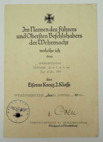 Eisernes Kreuz, 1939, 2. Klasse Urkunde für einen Unteroffizier der 3./ I.R. 339 - Karl von Oven. - photo 1