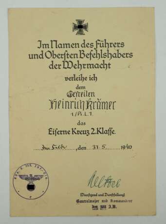Eisernes Kreuz, 1939, 2. Klasse Urkunde für einen Gefreiten der 1./ Pi.L. 1 - Wilhelm Wetzel. - photo 1