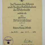 Eisernes Kreuz, 1939, 2. Klasse Urkunde für einen Gefreiten der 1./ Pi.L. 1 - Wilhelm Wetzel. - photo 1