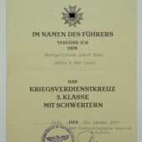 Kriegsverdienstkreuz, 2. Klasse mit Schwertern Urkunde für einen Obergefreiten der Brüko B 660 (mot.) - Ernst Günther Baade. - photo 1