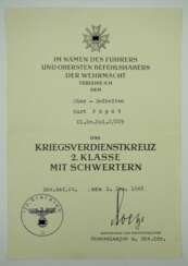 Kriegsverdienstkreuz, 2. Klasse mit Schwertern Urkunde für einen Obergefreiten der Kl. Kw. Kol. 2/229 - Ehrenfried Boege.