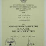 Kriegsverdienstkreuz, 2. Klasse mit Schwertern Urkunde für einen Obergefreiten der Kl. Kw. Kol. 2/229 - Ehrenfried Boege. - фото 1