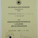 Kriegsverdienstkreuz, 2. Klasse mit Schwertern Urkunde für einen Unteroffizier der 9./ Art.Rgt. 267 - Otto Drescher. - photo 1