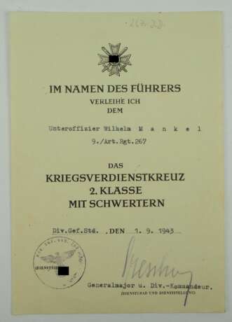Kriegsverdienstkreuz, 2. Klasse mit Schwertern Urkunde für einen Unteroffizier der 9./ Art.Rgt. 267 - Otto Drescher. - photo 1