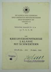 Kriegsverdienstkreuz, 2. Klasse mit Schwertern Urkunde für einen Gefreiten der 3./ F.E.B. 94 - Karl Eglseer.