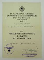 Kriegsverdienstkreuz, 2. Klasse mit Schwertern Urkunde für einen Sanitäts-Obergefreiten des Feldlazarett 8 - Friedrich Volckamer von Kirchensittenbach.