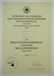 Kriegsverdienstkreuz, 2. Klasse mit Schwertern Urkunde für einen Unterfeldmeister der RAD-Abt. 5/102 - Kläbe.