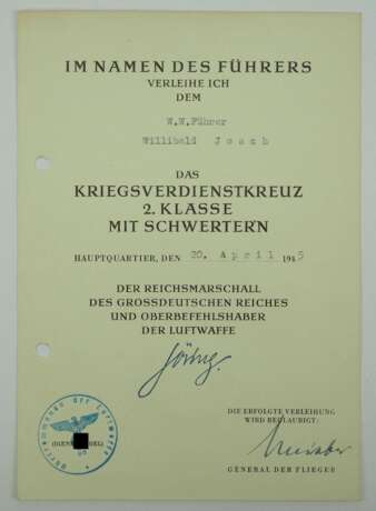 Kriegsverdienstkreuz, 2. Klasse mit Schwertern Urkunde für einen Wehr-Wirtschaftsführer - Rudolf Meister. - photo 1