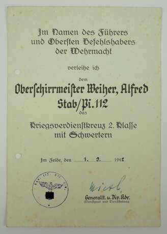 Kriegsverdienstkreuz, 2. Klasse mit Schwertern Urkunde für einen Oberschirrmeister im Stab/ Pionier 112 - Friedrich Mieth. - photo 1