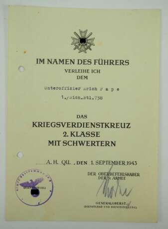 Kriegsverdienstkreuz, 2. Klasse mit Schwertern Urkunde für einen Unteroffizier der 1./ Sicherungs-Btl. 738 - Walter Model. - photo 1