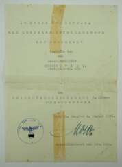 Kriegsverdienstkreuz, 2. Klasse mit Schwertern Urkunde für einen Beschlagmeister des Stab/ Pi. Batl. 299 - Willi Moser.