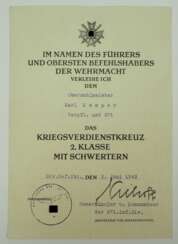 Kriegsverdienstkreuz, 2. Klasse mit Schwertern Urkunde für einen Oberzahlmeister des Verpflegungs Amt 371 - Hermann Niehoff.