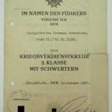 Kriegsverdienstkreuz, 2. Klasse mit Schwertern Urkunde für einen Obergefreiten im Stab II./ G.R. 1036 - Helmut Poppe. - фото 1