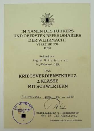 Kriegsverdienstkreuz, 2. Klasse mit Schwertern Urkunde für einen Gefreiten der 6./ Fahrkol. 195 - Edgar Röhricht. - фото 1