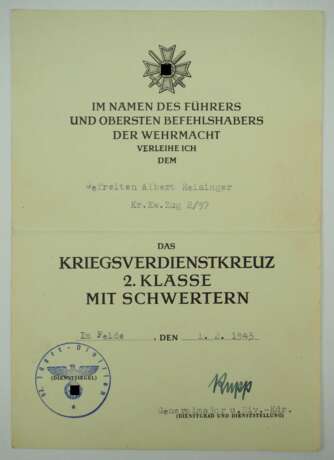 Kriegsverdienstkreuz, 2. Klasse mit Schwertern Urkunde für einen Gefreiten der Kr. Kw. Zug 2/97 - Ernst Rupp. - photo 1