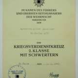 Kriegsverdienstkreuz, 2. Klasse mit Schwertern Urkunde für einen Gefreiten der Kr. Kw. Zug 2/97 - Ernst Rupp. - фото 1