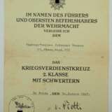Kriegsverdienstkreuz, 2. Klasse mit Schwertern Urkunde für einen Stabsgefreiten der 13./ Gren.Regt. 366 - Friedrich von Scotti. - photo 1