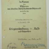 Kriegsverdienstkreuz, 2. Klasse mit Schwertern Urkunde für einen Gefreiten der 3./ Pionier-Batl. 296 - Wilhelm Stemmermann. - фото 1