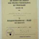 Kriegsverdienstkreuz, 2. Klasse mit Schwertern Urkunde für einen Obergefreiten im Stab/ Kradschützen Batl. 2 - Rudolf Veiel. - Foto 1