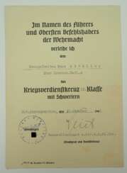 Kriegsverdienstkreuz, 2. Klasse mit Schwertern Urkunde für einen Obergefreiten im Stab/ Kradschützen Batl. 2 - Rudolf Veiel.