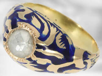 Ring: ausgefallener, emaillierter Goldschmiedering mit Diamantbesatz, vermutlich aus der Zeit des Jugendstils