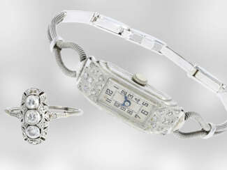 Наручные часы/кольцо: очень красивый арт-деко КЗ камень, с бриллиантами, наручные часы и кольцо, около 0,33 ct, платина и 18K золото