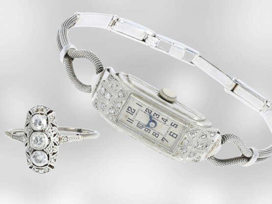 Armbanduhr/Ring: sehr schönes Art déco Schmuckset, besetzt mit Diamanten, Armbanduhr und Ring, ca. 0,33ct, Platin und 18K Gold - photo 1