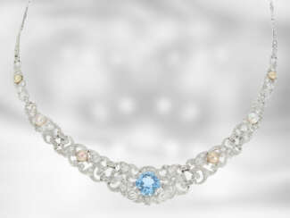 Kette/Collier: äußerst dekoratives vintage/antikes Aquamarincollier mit Perlen und Diamanten, insgesamt ca. 2,9ct, 18K Gold