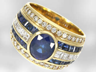 Ring: äußerst dekorativer breiter Gelbgoldring mit Saphir und Diamanten, insgesamt ca.3,58ct, 18K Gold, sehr teure Anfertigung von Hofjuwelier Roesner