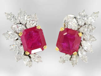 Ohrschmuck: exquisite Ohrclips mit Diamantbesatz und äußerst wertvollen, natürlichen Rubinen von ca. 6,3ct, inkl. DeGEB Zertifikat von 2016, Unikat Hofjuwelier Roesner