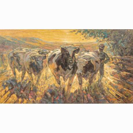 THUREGGER (?, Maler/in 20. Jahrhundert), "Hirte mit Rinderherde in der Abendsonne", - Foto 1