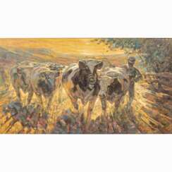 THUREGGER (?, Maler/in 20. Jahrhundert), "Hirte mit Rinderherde in der Abendsonne",