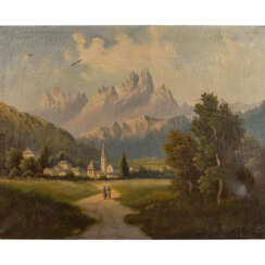 BAUER, C. (BAUR?, 19. Jahrhundert), "Romantische Landschaft mit Dorf in den Alpen",