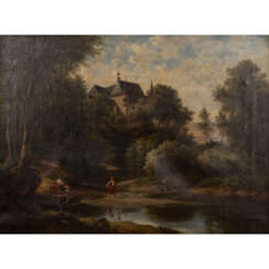 KIESSLING, FERDINAND (1810-1882), "Flusslandschaft mit Schloss am Waldrand",