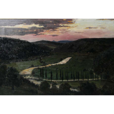 GOEBEL, PAUL (1877-?): Abendlandschaft mit Blick in ein Tal mit einer Brücke und Zyperessen, - Foto 1