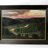GOEBEL, PAUL (1877-?): Abendlandschaft mit Blick in ein Tal mit einer Brücke und Zyperessen, - Foto 2