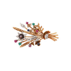 Brosche "Blumenstrauß" mit Rubinen, Saphiren, Smaragde, Zuchtperle u. Achtkantdiamanten