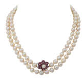 Akoya Perlenkette mit edelsteinbesetzter Schließe, - photo 2